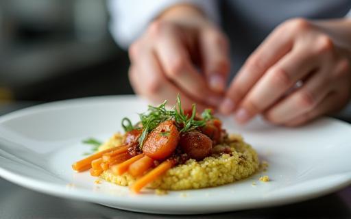 Close-up of chef arranging custom dish
